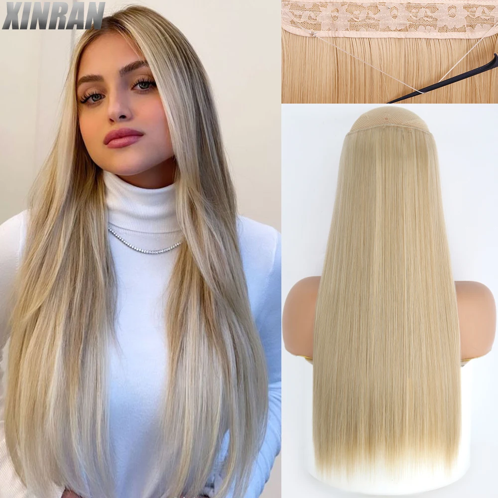 

No Clips Invisible Wire Hair Extension Long Straight Hairpiece Color Mixing Blonde Fake False Hair Piece Black DarkBrown