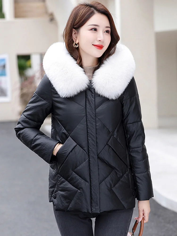 New Women Sheep Leather Down Jacket Winter Fashion Warm Hooded Real Fox Fur Collar Loose Leather Coat Casual Thicken Outerwear
