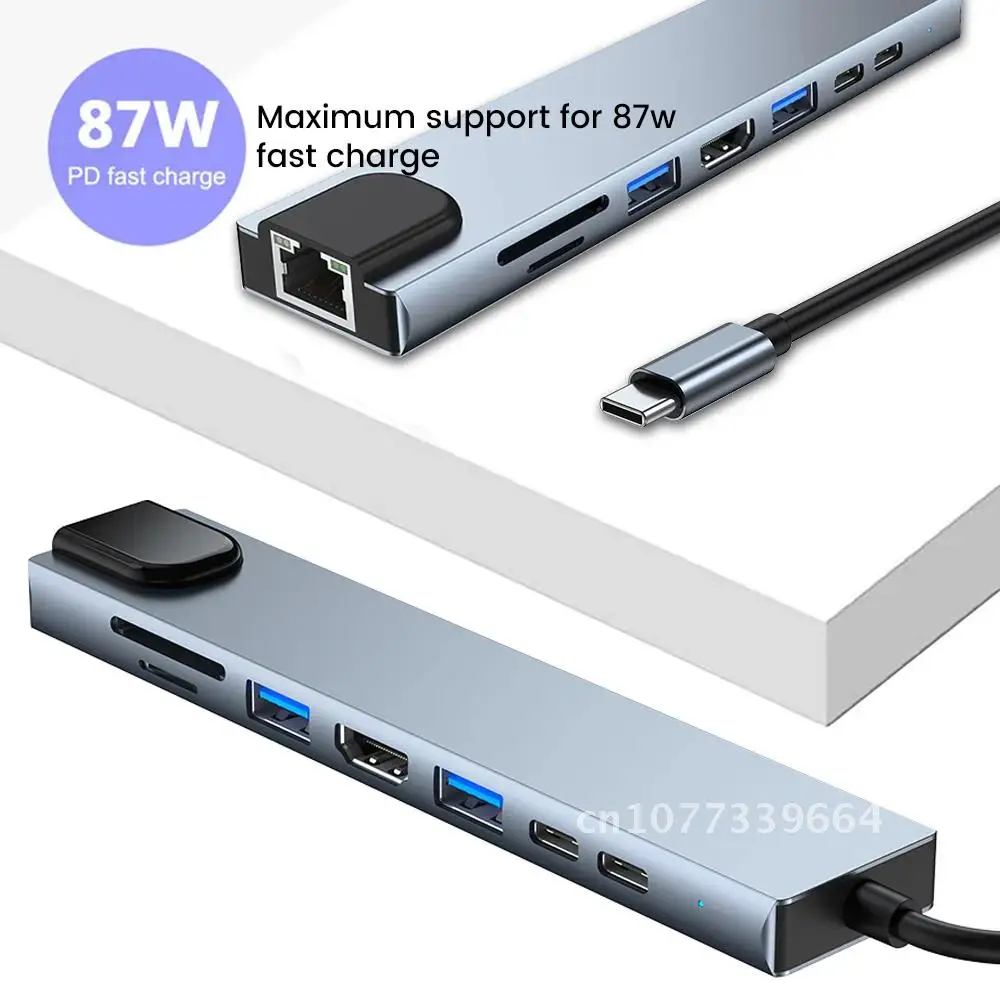 

USB C Hub 3.0 with HDMI-compatible 4K 8-IN-1 Type-C Hub TF SD Reader Slot RJ45 PD for MacBook Pro/Air/Huawei Mate