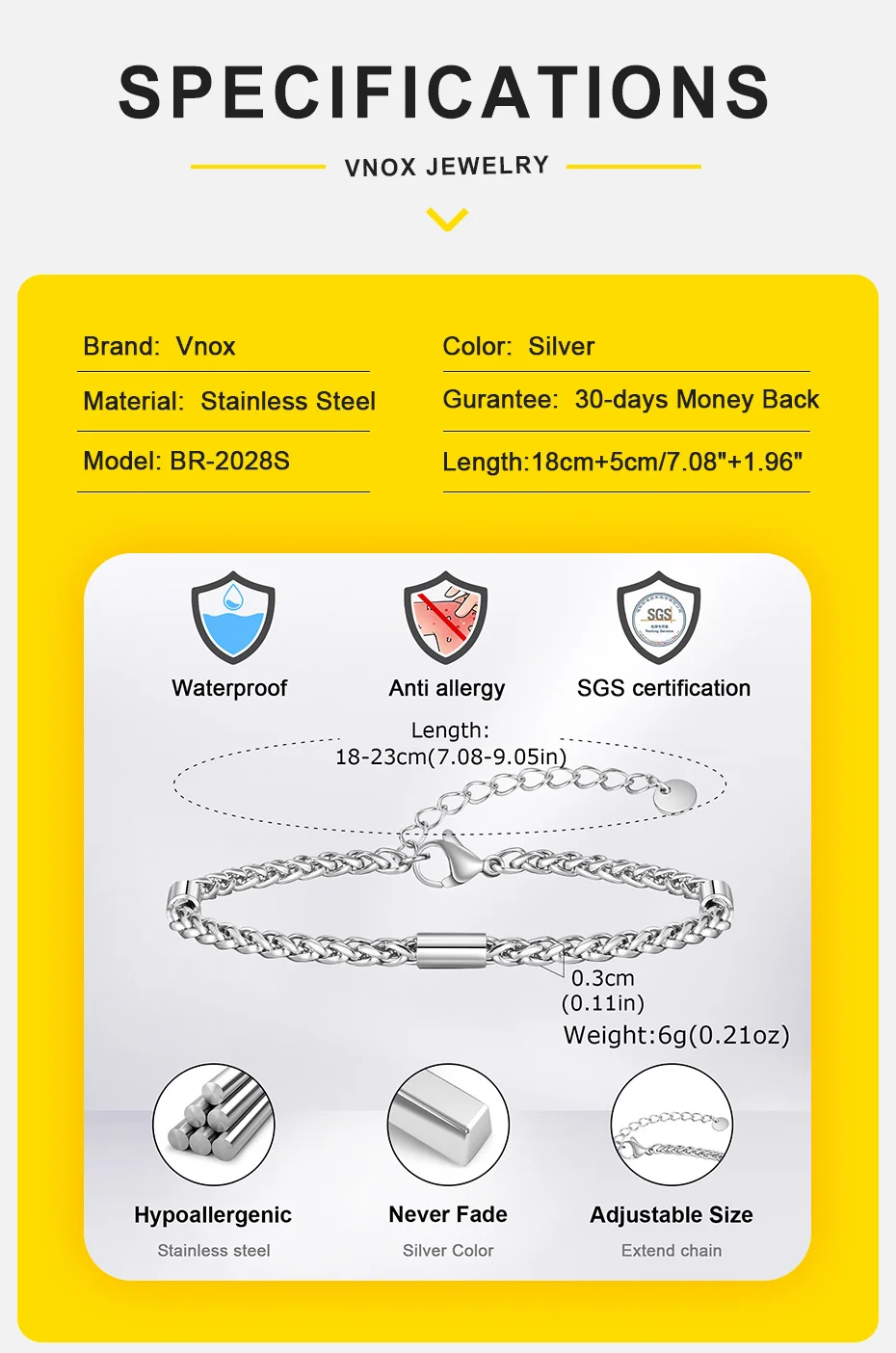 Vnox 3 mm Weizenketten-Armbänder für Männer und Frauen, nie verblassendes Edelstahl-Armband mit gewebten kubanischen Gliedern, verstellbarer Schmuck – Detail 6