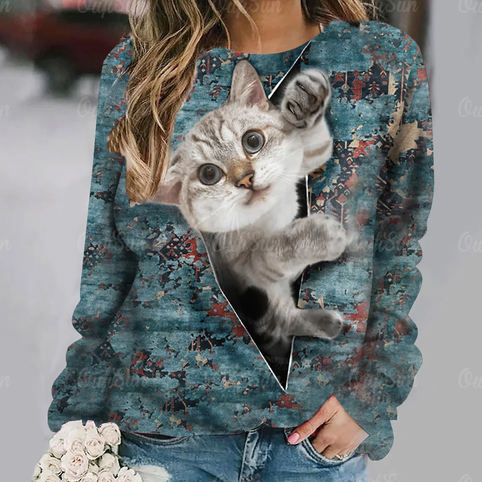 Sweat-shirt Femme Chat Et Vin - Gris, Taille M, Occasion Très Bon état, Coton