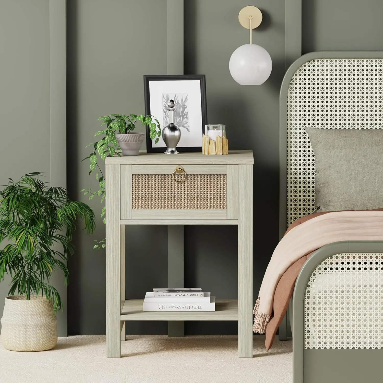 Nightstand Set of 2-Rattan Decor Drawer with Brass Knobs Night Stand Wood Bedside Table End Tables Side Tables