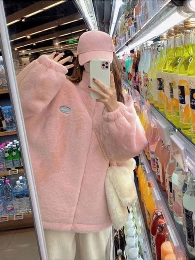2023 Winter Fleece Fluffy Women's Jacket Streetwear Harajuku Solid Coat Korean Style Clothes Oversize Pink Designer Plush Jacket