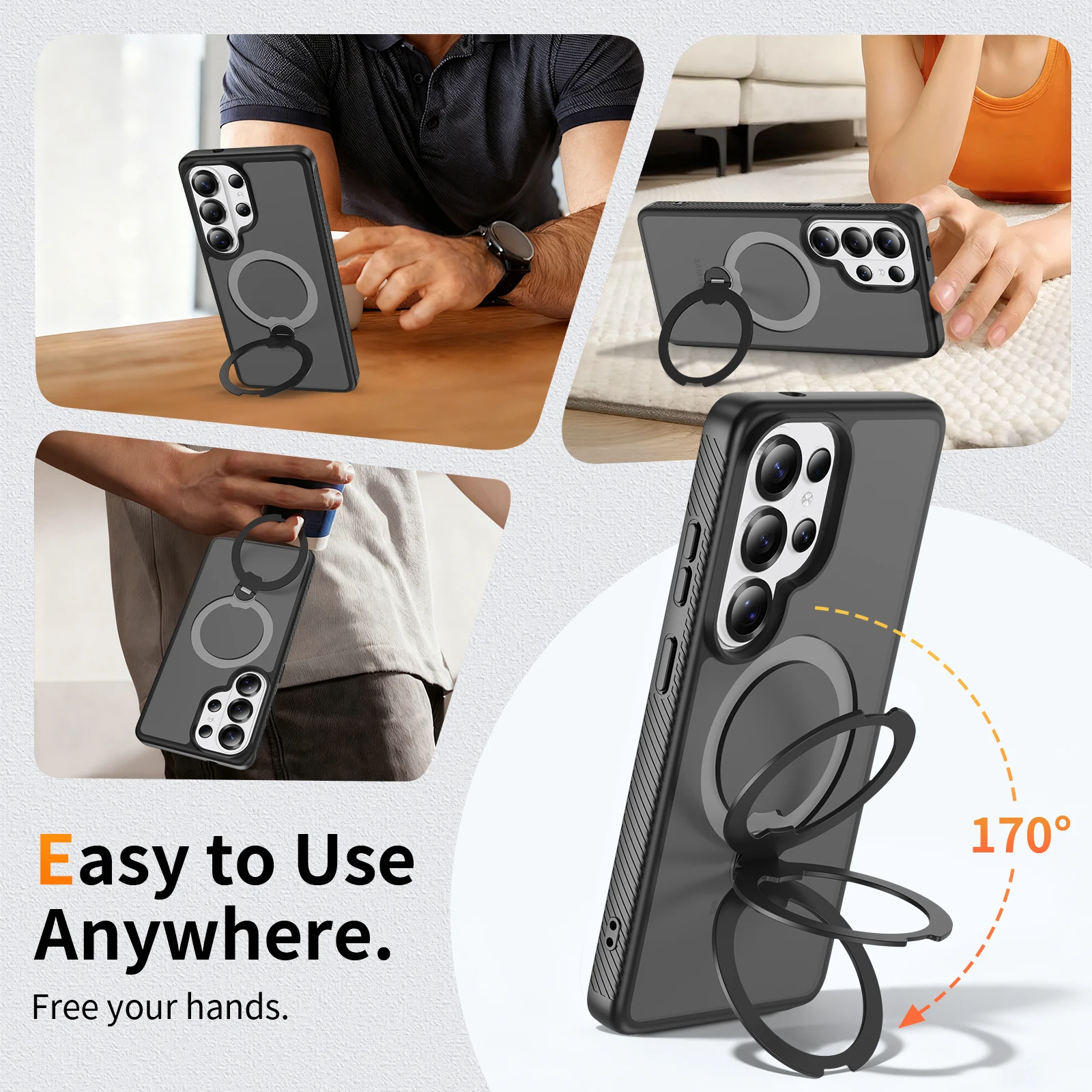 Rotating Magnetic Ring Stand Case - Shockproof Lens Protection & Wireless Charging Compatible