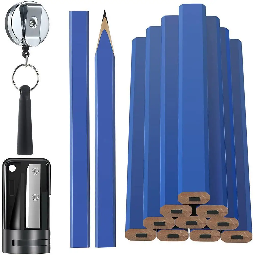 12pcs Octagonal Woodworking Pencils With Retractable Pencil Holder And 1 Sharpener Marks Pen |