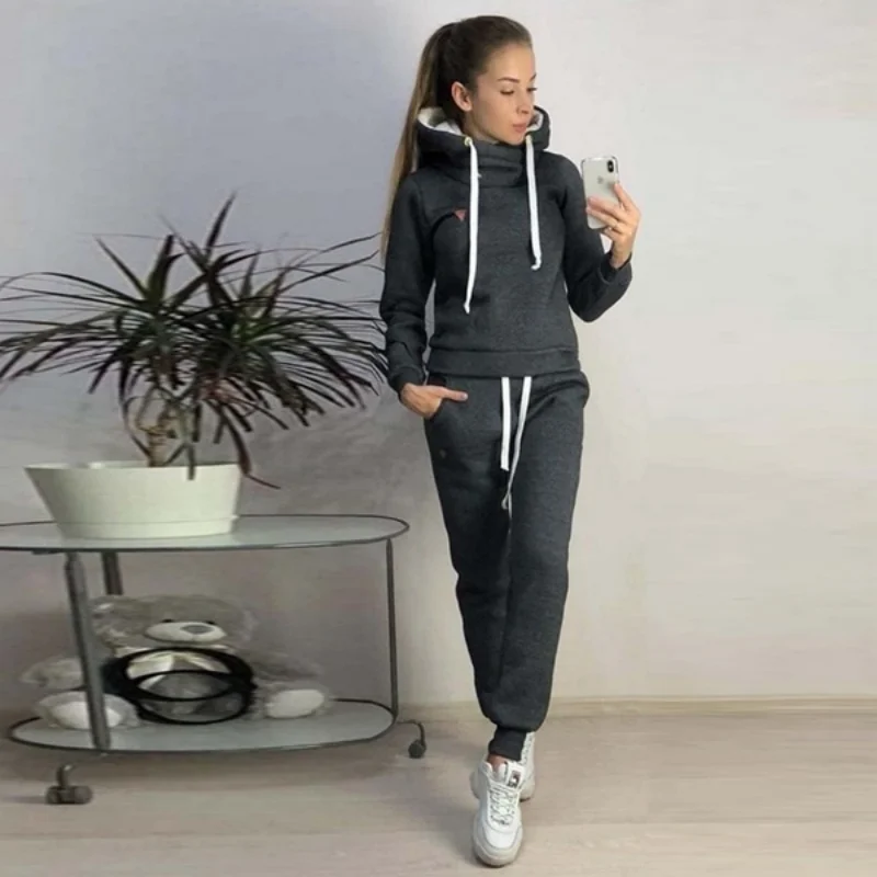 Sports Hoodie Set Women's Fleece Hoodie+Pants Two Piece Set Women's Solid Color Hooded Jogging Set High Collar Long Sleeve Set