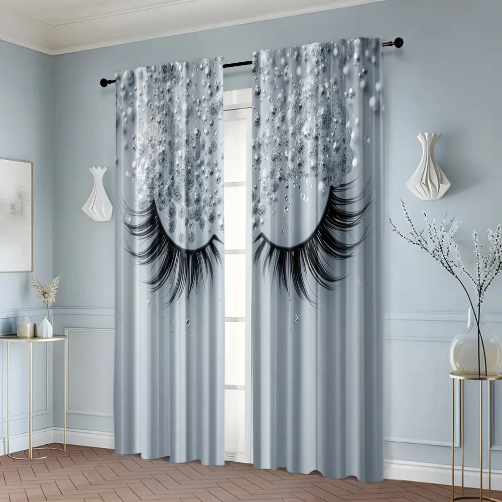 2pcs, Curtain Fabric 2D print Gray eyelashes Machine Washable Fabric (without rod) All Seasons Perfect for Living Room, Bedroom, 6