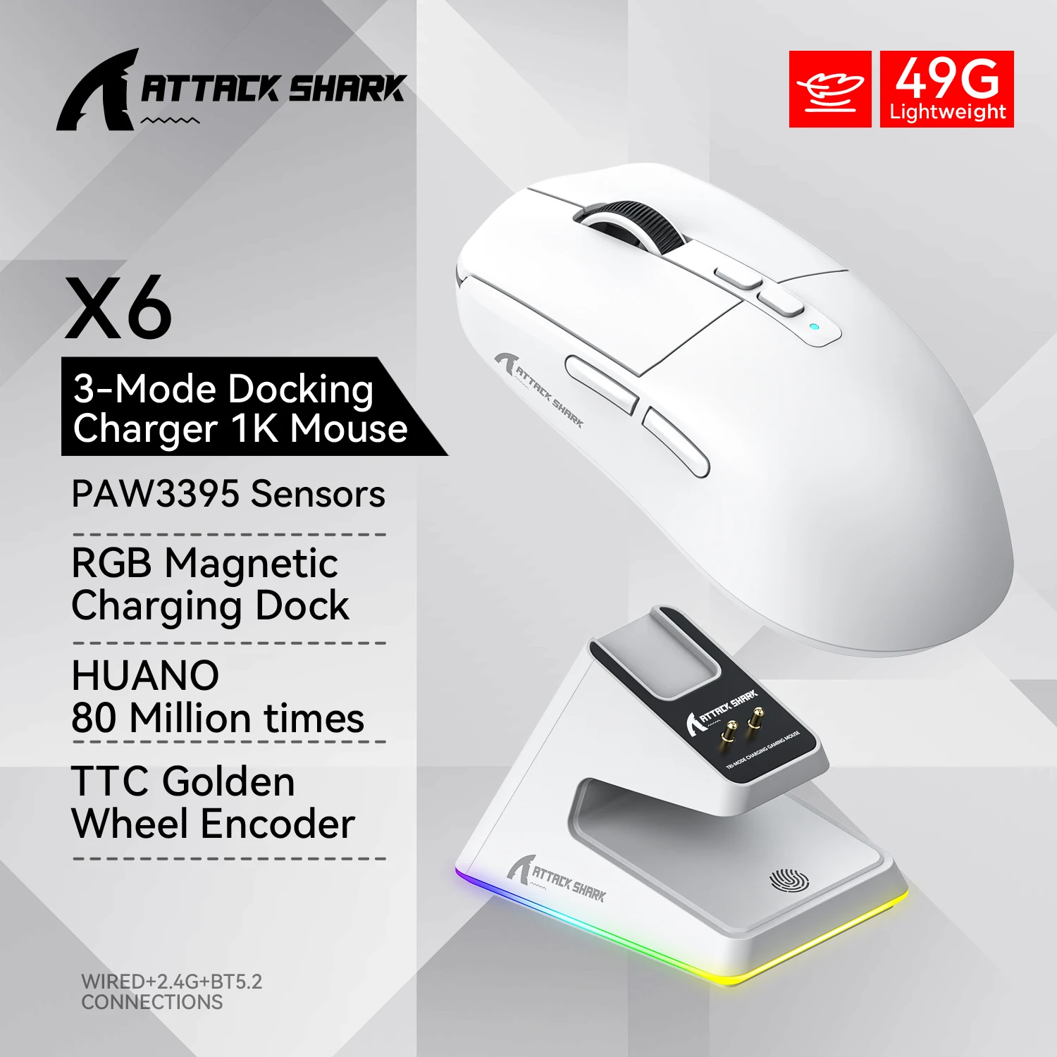 Gaming Mouse Attack shark X6 Bluetooth PAW3395 2.4 Tri-Mode Connection RGB Touch Magnetic Charging Base Macro