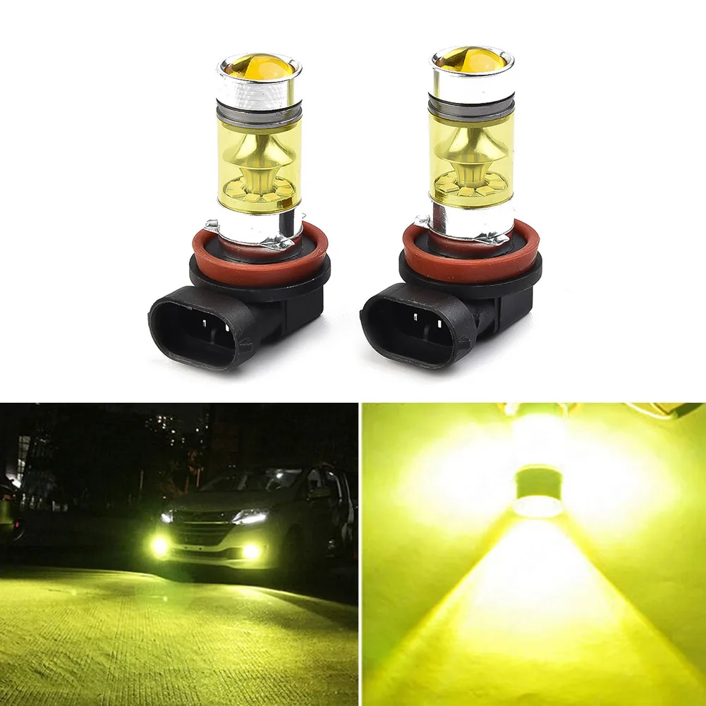 

2 Pcs Car H11 H8 Yellow Fog DRL Light Bulbs 4300K 100W 1500LM Super Bright DRL 12-24V Aluminum Alloy 2323 LED Chip High Power