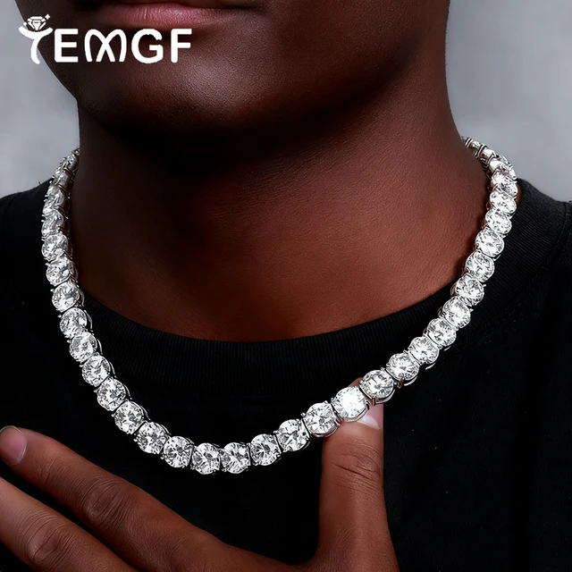 TEMGF Luxury Full 10mm Moissanite Necklace for Women Men Hip Hop Party Fashion Item 925 Silver Chain Wedding Neck Shiny Jewelry