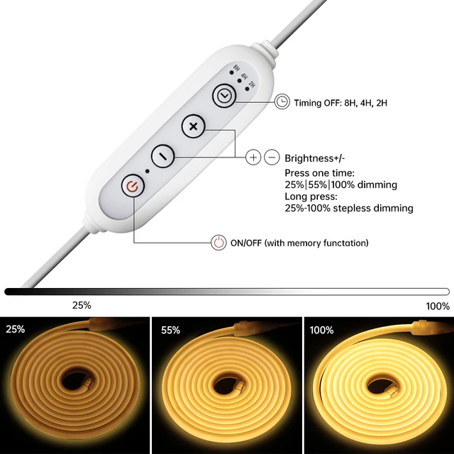แถบไฟ LED COB แบบติดเอง 220V 288LEDs/เมตร กันน้ำ IP65 ความยาว 1-25 เมตร พร้อมสวิตช์ตั้งเวลาหรี่แสง ปลั๊ก EU/AU/UK สำหรับให้แสงสว่าง 3