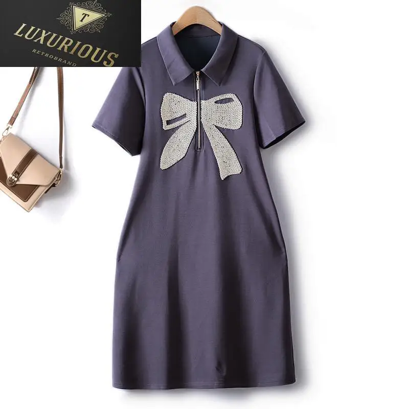 

Женское платье средней длины, хлопковое платье средней длины с вышивкой, блестками и бантом, с коротким рукавом, модель 4XL в Корейском стиле на лето, 2023