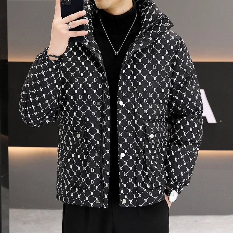Winter Men's Thickened Warm Cotton Jacket Fashion B Letter Printed Hooded Down Cotton Jacket Handsome Casual Loose Coat