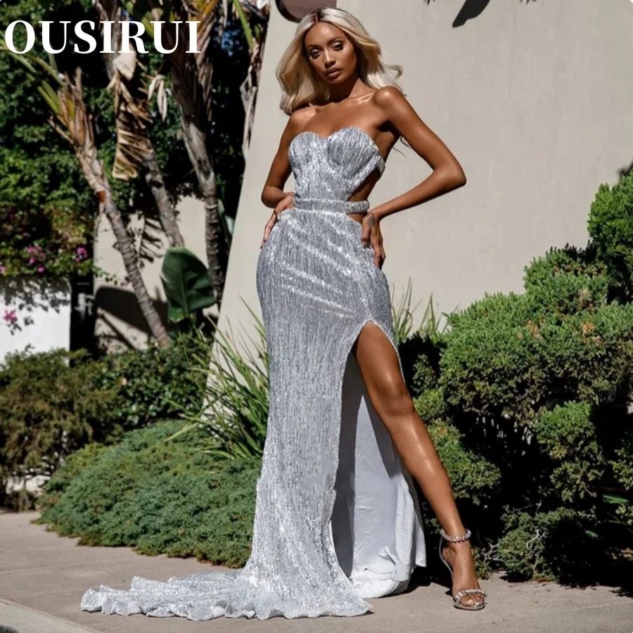 

Sequined Fishtail Prom Dresses 2024 Latest White Tight Floor-Length Slit Sexy Strapless Women Wedding Gowns Vestidos De Noche