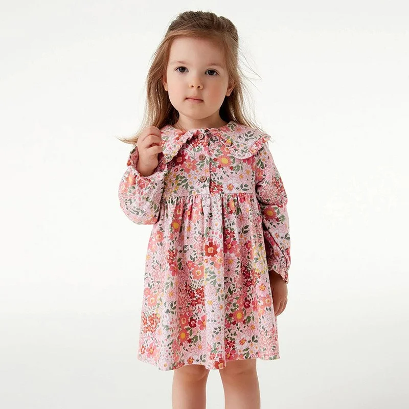 

Jumping Meters 2-7T Floral Princess Girls Dresses Collar Buttons Long Sleeve Baby Party Clothing Flowers Print Birthday Dress