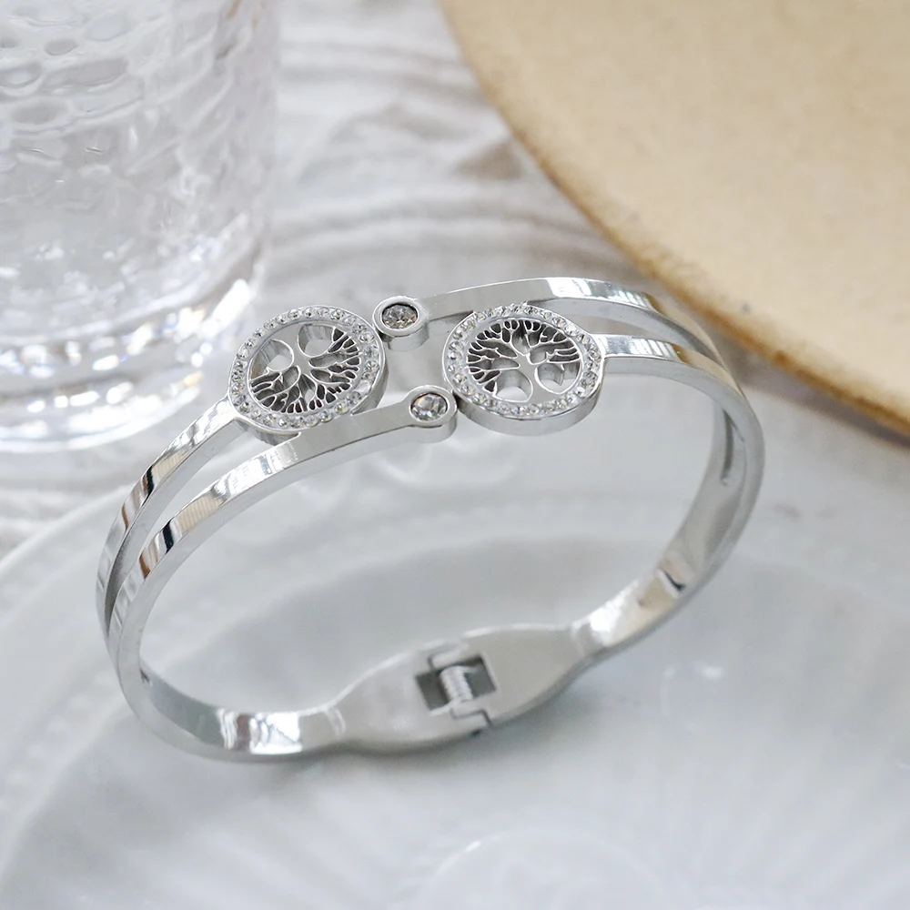 Trend Life Tree Charm Bracelets for Women Stainless Steel Hollow Crystal Bangles Luxury Gift Cubic Zirconia Tree Jewelry