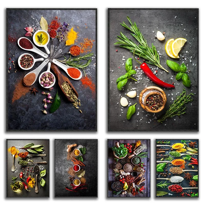 KitchenWallArtHerbsSpicesCookingCanvasPaintingNordicHomeDecor