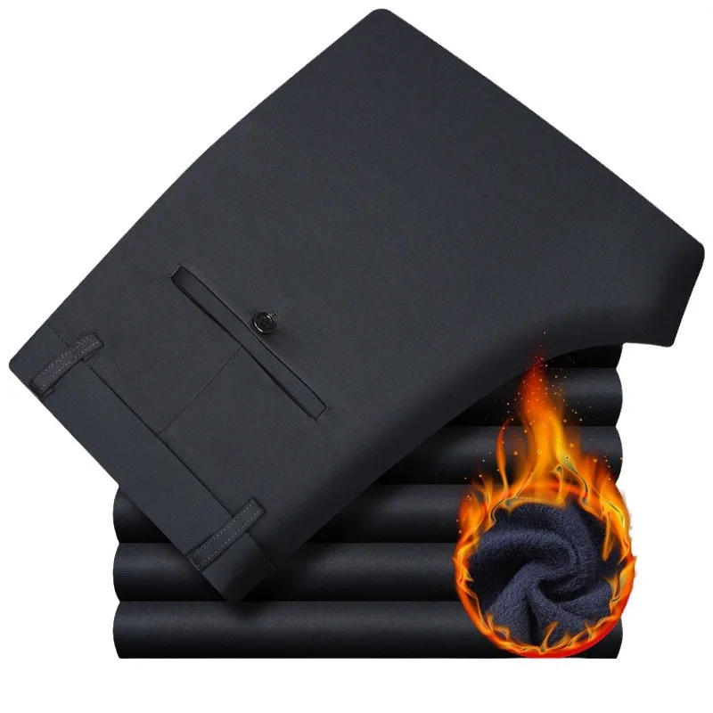 Thicken Fleece Winter Fashion Suits Pants Men Straight Stretch Warm Dress Trousers For Male Khaki Black Office Formal Pants 4