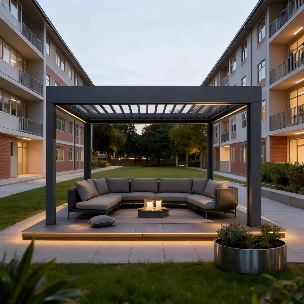 Pergola Motorizzata in Alluminio, Pronta per Pannelli Solari, Impermeabile, Antivento e Resistente alla Neve, Gazebo da Esterno per Piscina - immagine 6