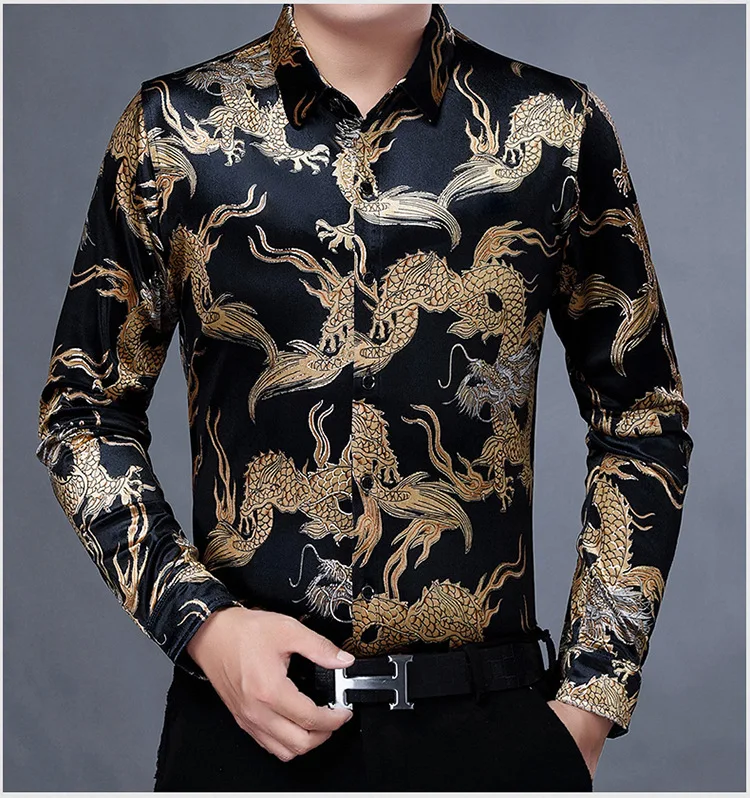 

Wine Red Velvet Shirt Men 2024 Autumn New Gold Dragon Print Mens Velour Dress Shirts Casual Button Down Shirt Male Camisa Hombre