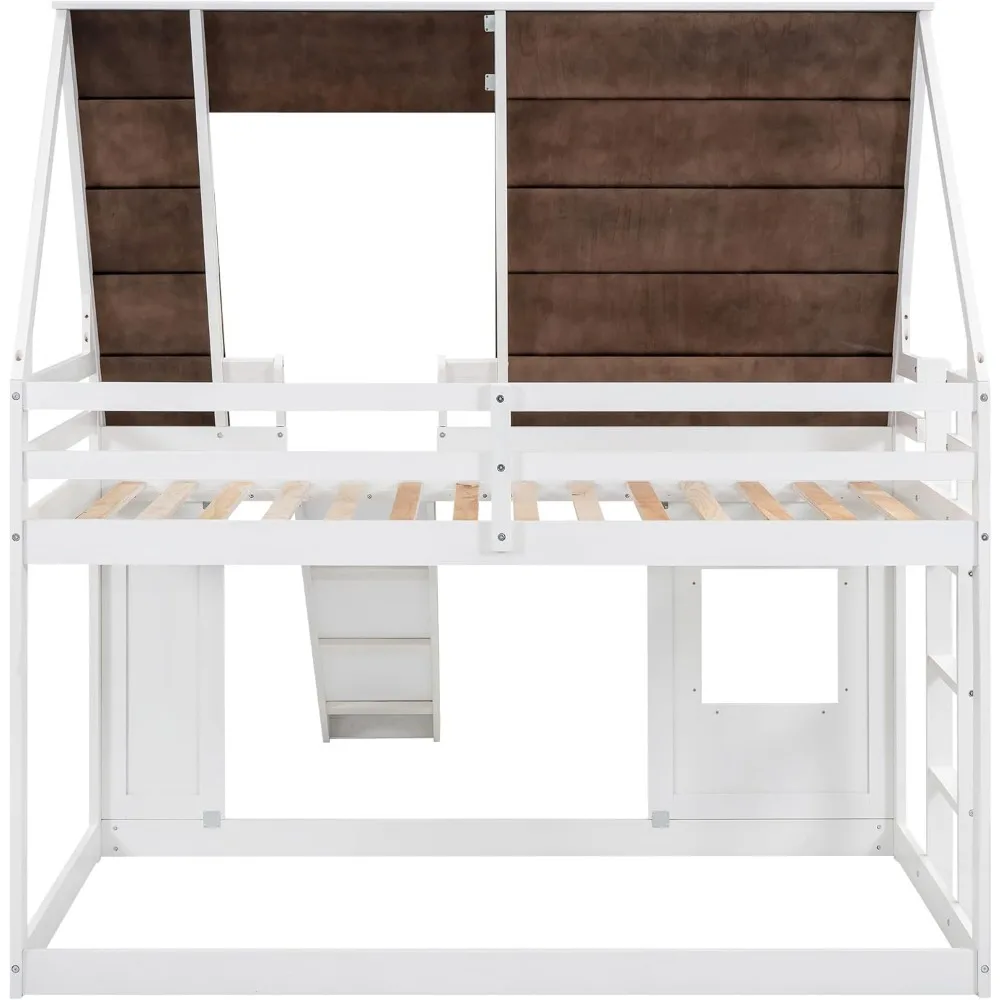 Twin Over Twin House Bunk Bed Frame with Roof,Window,Ladder and Slide for Boys Girls, White & Brown 2