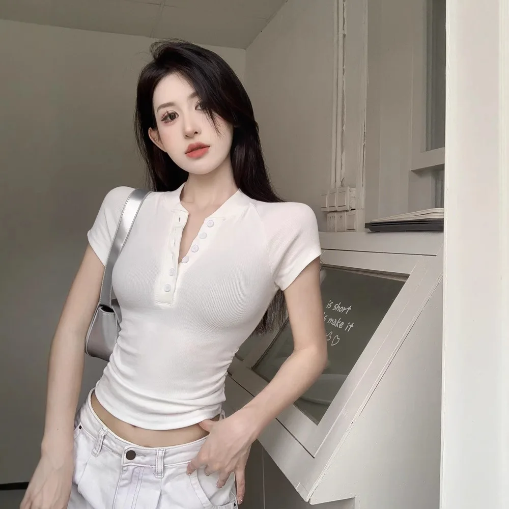 Women Summer V Neck Short Sleeve Cropped T Shirt