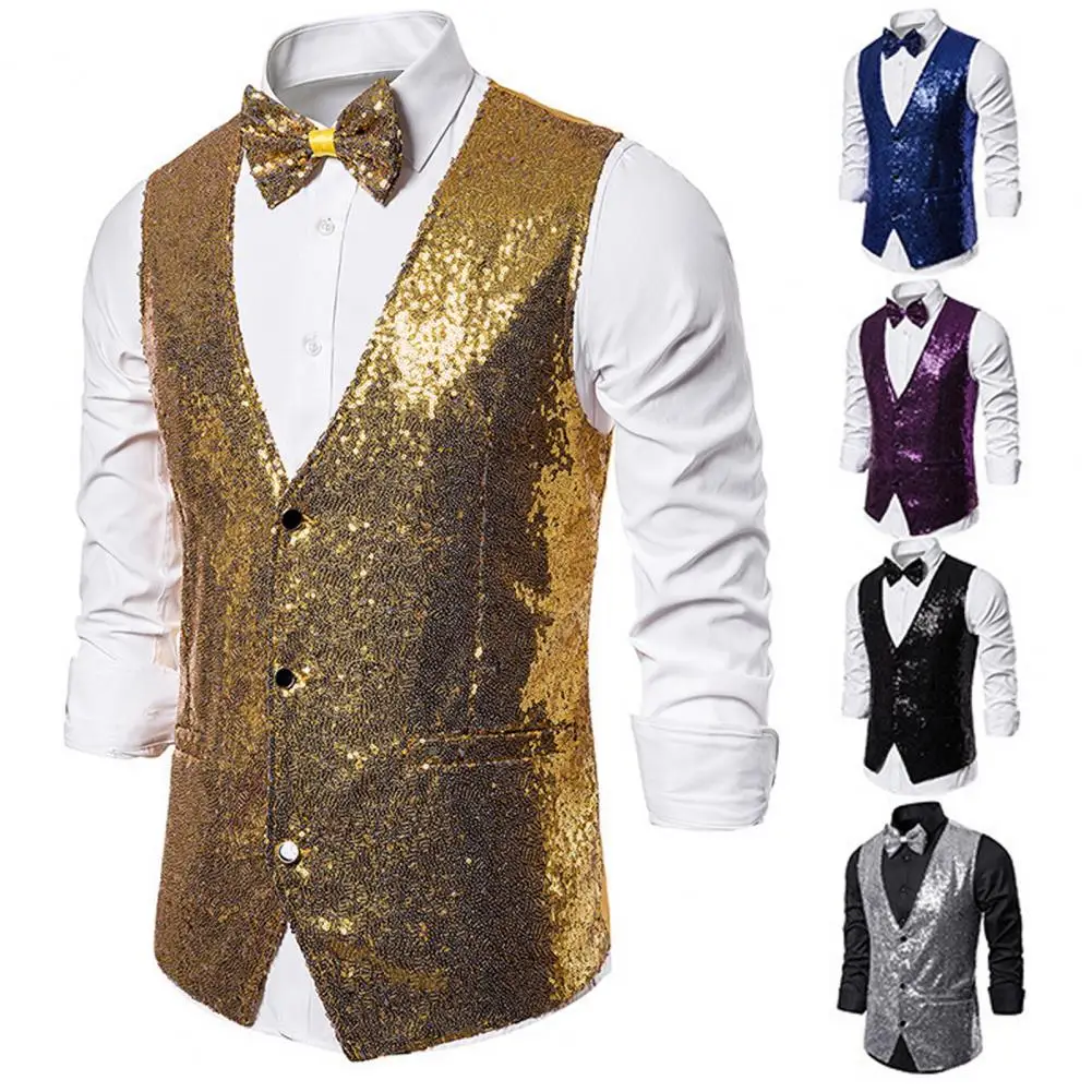 

Solid Color Sleeveless Vest Jacket Sequin Sleeveless Men's Vest Set with Bow Tie Slim Fit Cardigan for Stage Shows Emcee for Men