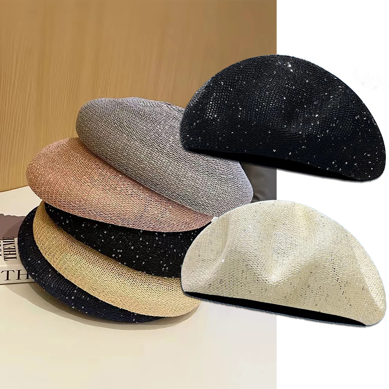Hot Sale Spring and summer new cut-out sequin berets, thin cloud adjustable size, knitted breathable hundred painter hats, women_voghion.com
