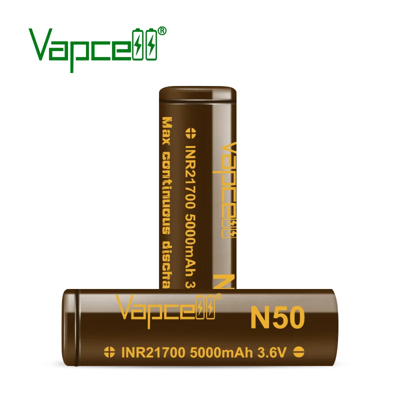 오리지널 고성능 Vapcell N50 INR 21700 5000mAh CDR 15A 3.6V 충전식 배터리 저저항 셀 (손전등용)