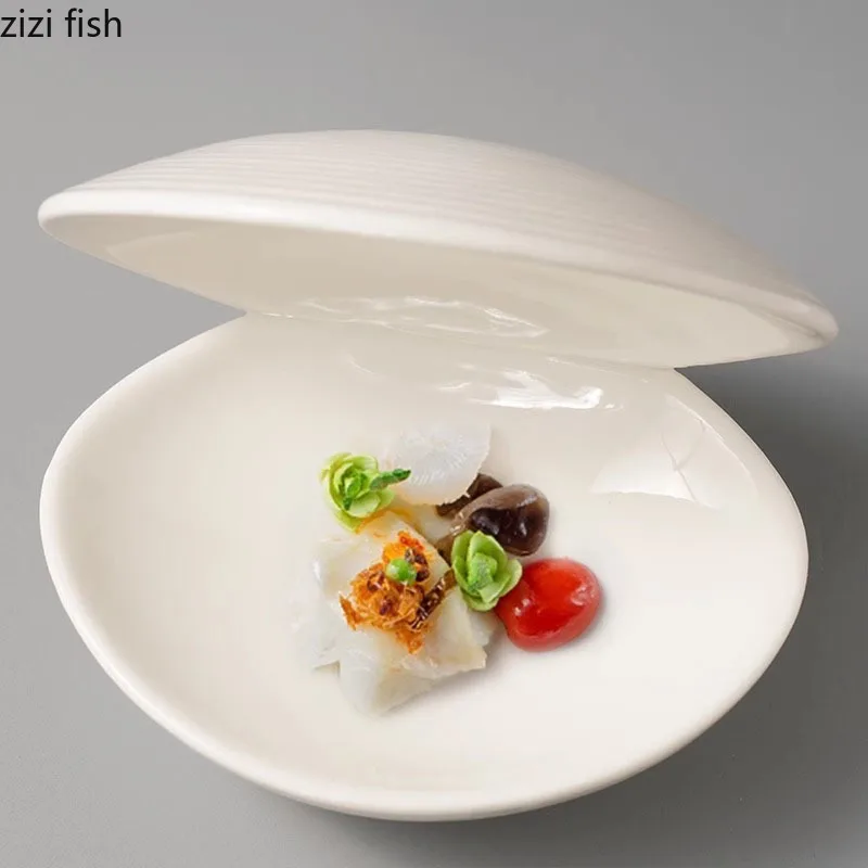 Pure White Threaded Clam Shell Ceramic Dinner Plate Restaurant Dessert Plate Salad Molecular Cuisine Creative Tableware