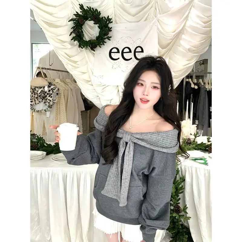 Women Off Shoulder Sweatshirt Big Knit Bow Lantern Long Sleeve Oversized Kangaroo Pocket Sweet Streetwear Fall Winter Top