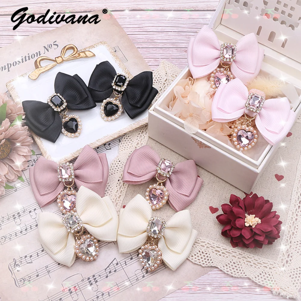 Sweet Headwear Rhinestone Love Pendant Small Bowknot Hairpin Tiaras Side Clip Headdress Lolita Japanese Style Hairbows For Girls girls leather shoes women lolita shoes sweet ruffles bowknot lace bridal wedding shoes women high heel shoes plus size 30 43