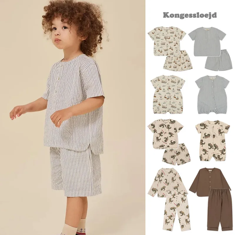 

In Stock 24 Summer New Children's Clothing Ks Same Woven Set Striped Short Sleeved Shorts Cartoon Sailboat Jumpsuit