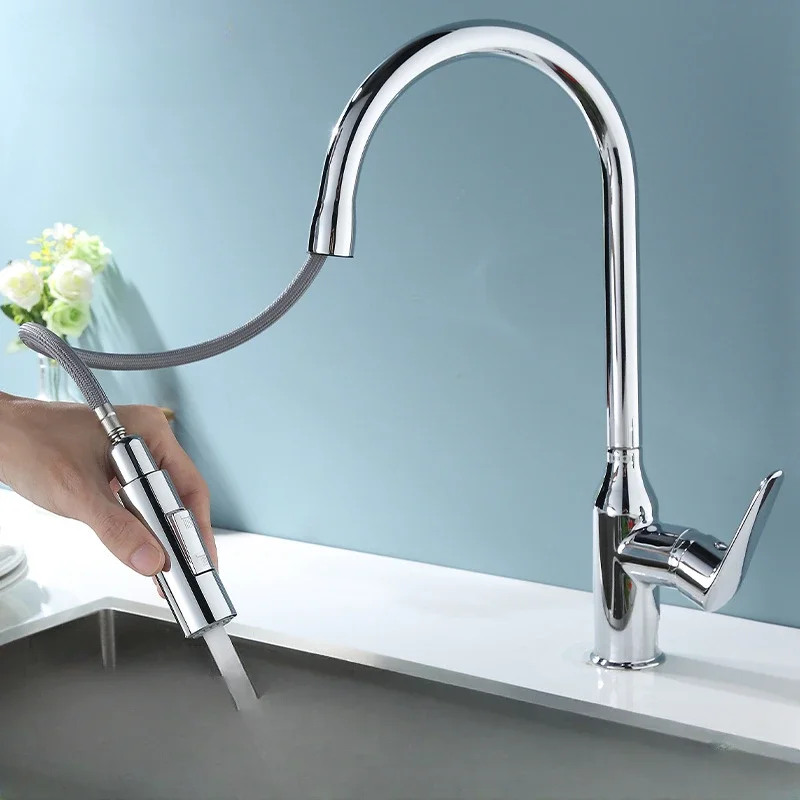 

360 Degree Rotatable Pull Out Kitchen Sink Mixer Tap Single Hole 2 Function Stream Sprayer Hot Cold Water Faucet