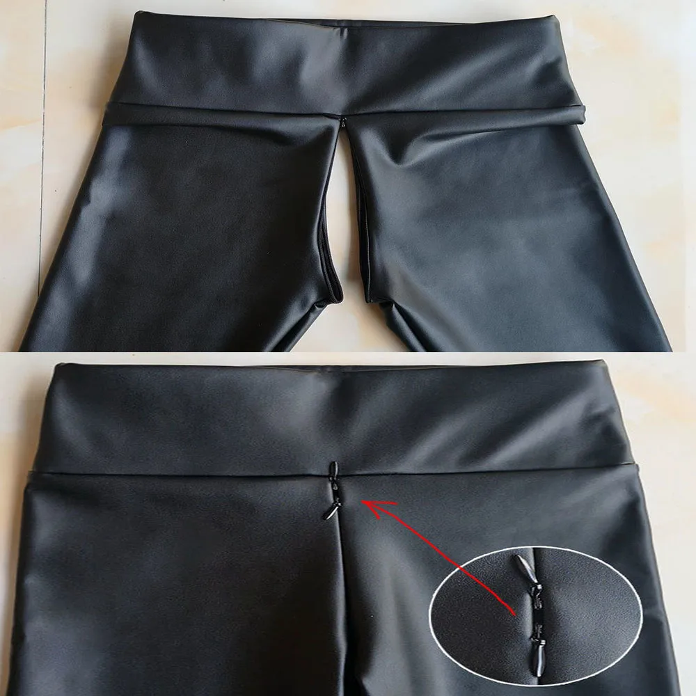 Invisible Zipper Crotch Pants Women's Faux Leather High Waist Skinny Shorts Elastic Waisted Yoga Shorts PU Sexy Biker Shorts Sex