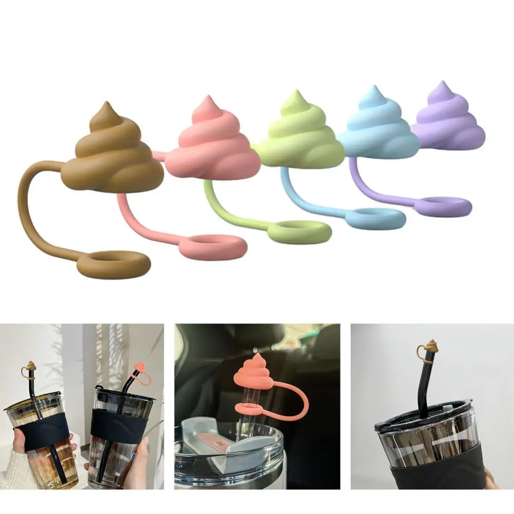 

5Pcs Silicone Straw Tips Drinking Dust Cap Leak-proof Straw Lid Creative Poop Shape Straw Plug Cup Accessories