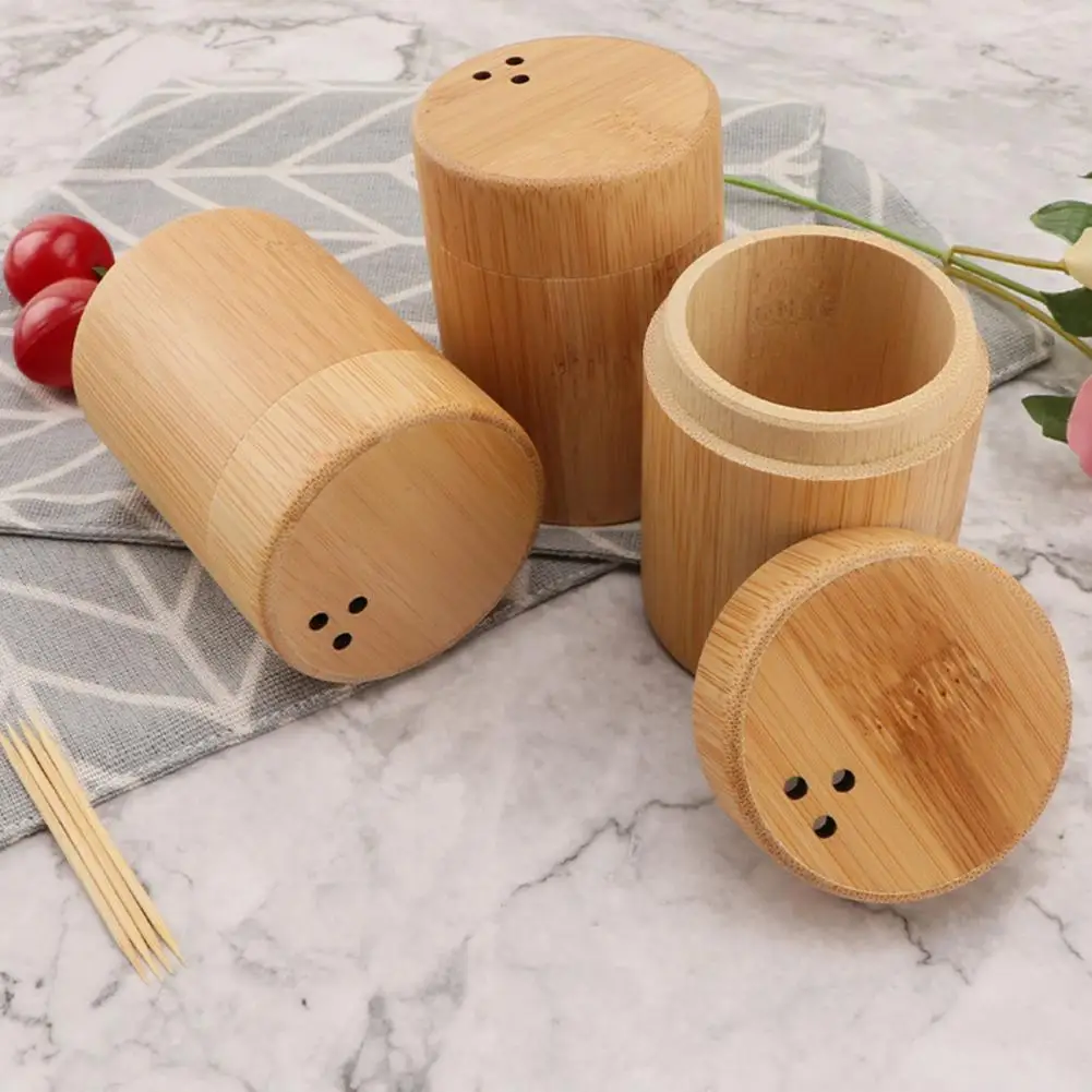 

Toothpick Storage Box Round Portable Lightweight Round Dustproof Bamboo Toothpick Dispenser Toothpick Holder Convenient