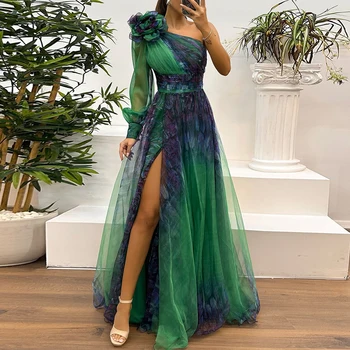 Vintage Pattern Printed High Waist Long Dress Sexy Asymmetric Mesh Evening Dress New One Shoulder Sleeve Pleats Bridesmaid Dress 1
