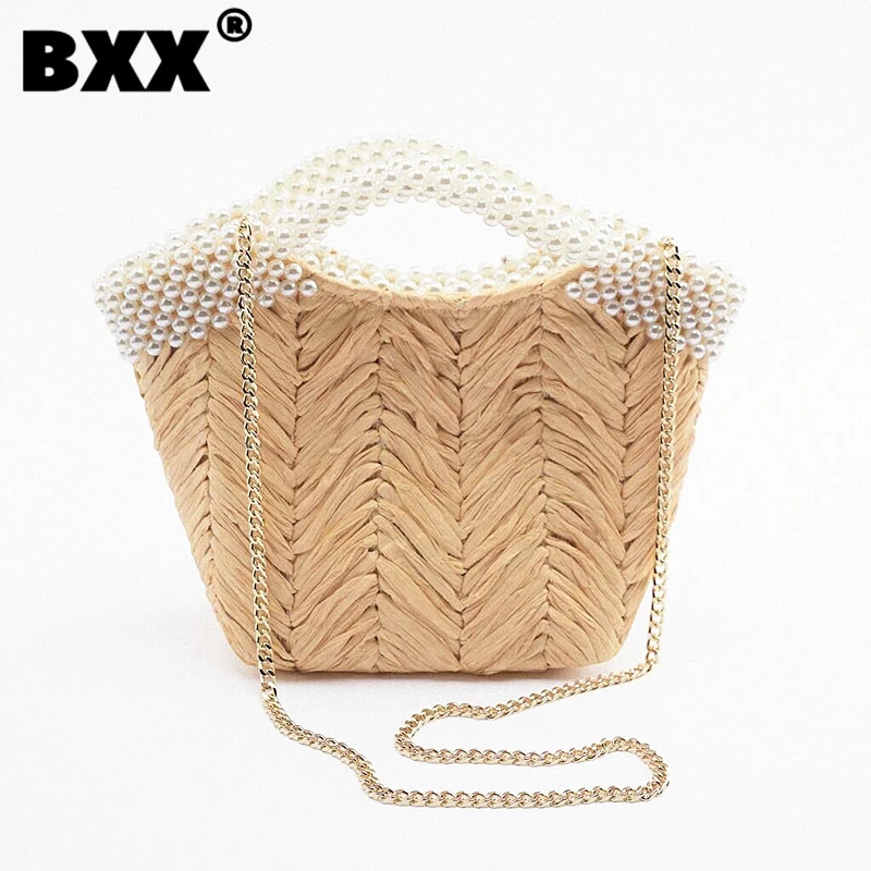 

[BXX]2022 New Pearl Handbag Shopping Mall Same Style Straw Woven Bag Fashion Casual Half Round Bag Diagonal Cross Beaded Bag