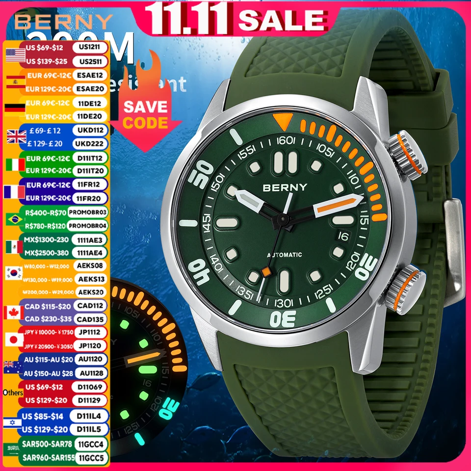 ◎ BERNY 腕時計 メンズ AM339自動巻きダイビングウォッチAM339M Berny