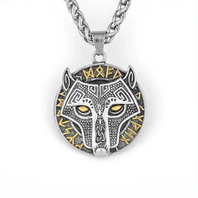 

CHUANGCHENG Viking Golden Wolf Head Odin Rune Men's Chain Street Personality Stainless Steel Pendant Necklace Chain