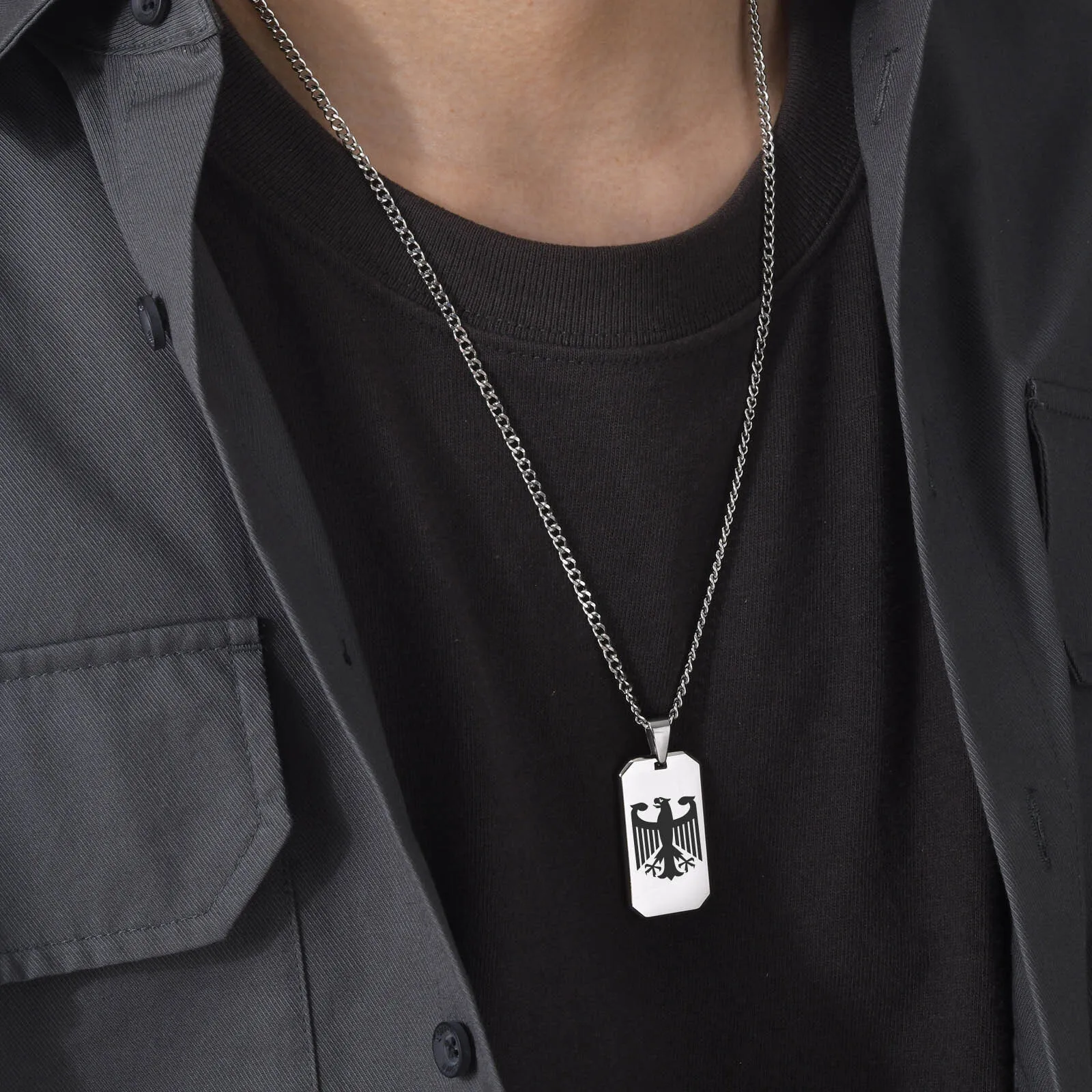 German Eagle Square Neckalces for Men, Stainless Steel Big/Small Dog Tag Pendant Necklace,Trendy Germany Jewelry Gift