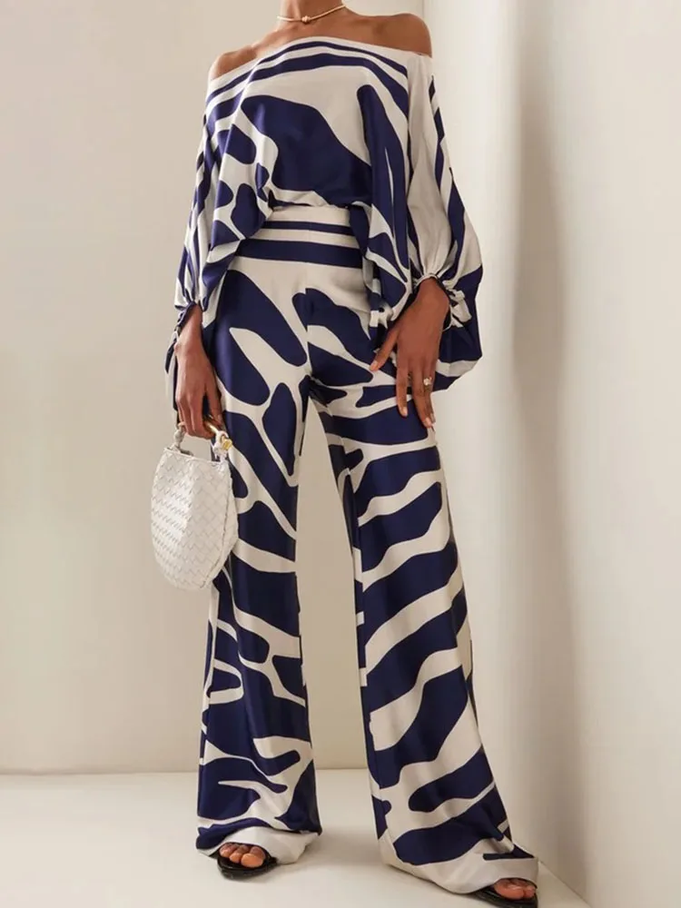 

Multicolor Prints 2pcs Set Off Shoulder Lantern Long Sleeve Tops And Wide Leg Long Pants Sexy Casual Party Two Piece Outfits
