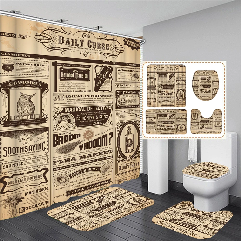 

American Retro Old Newspaper Printed Fabric Shower Curtain Waterproof Polyester Bathroom Curtains Set Bath Mat Rugs Toilet Cover