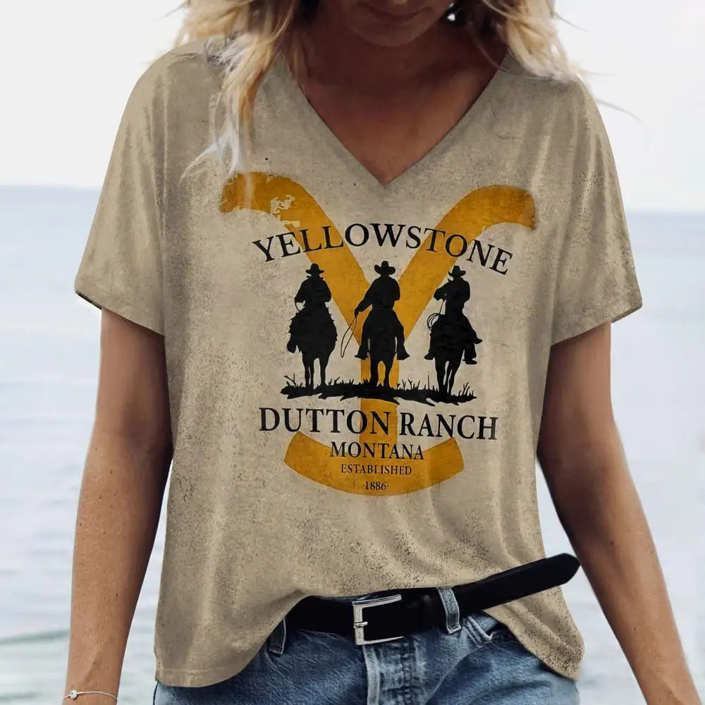 

Women Short Sleeves V-Neck T-Shirts Retro Style Casual Pullover Sleeves Letter Print Oversized Tee Shirt Female Fashion Clothing