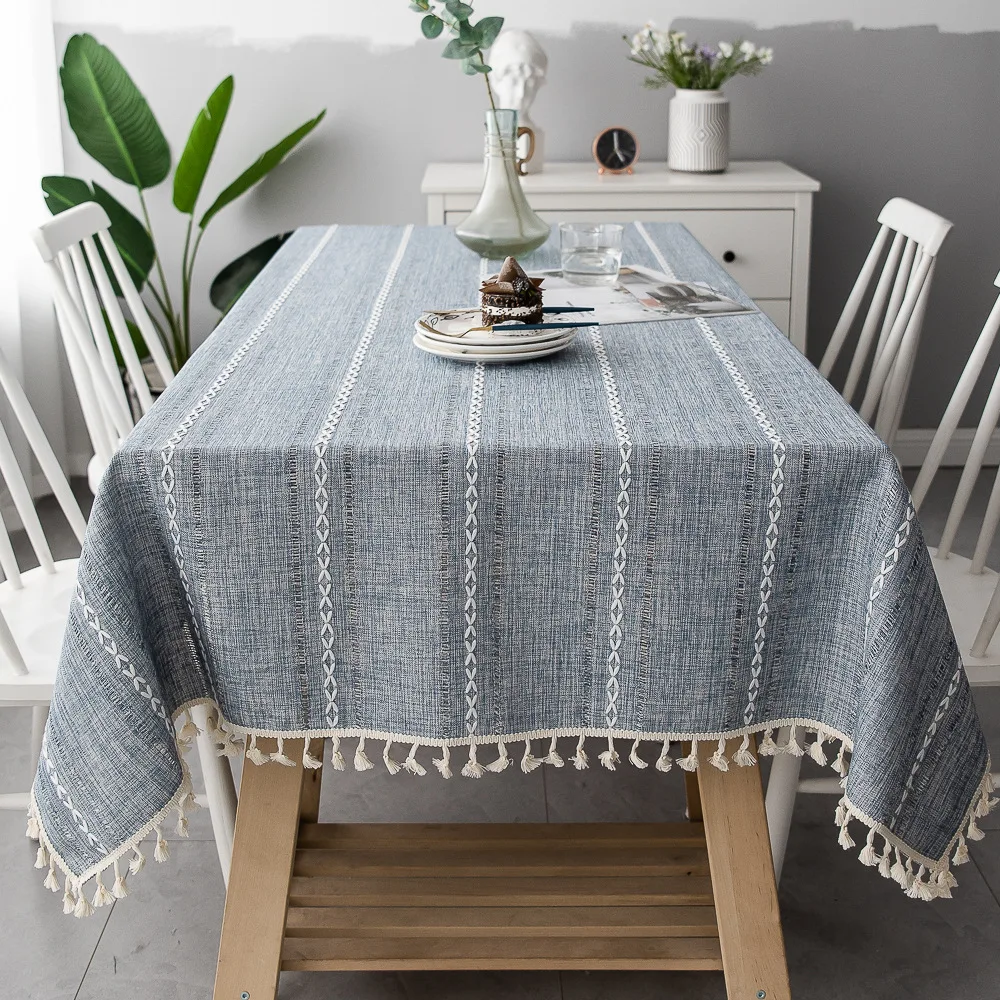 Rectangle Cotton Linen Tablecloth, Wrinkle Free, Stitching Tassel Tablecloth for Kitchen, Tabletop Decoration