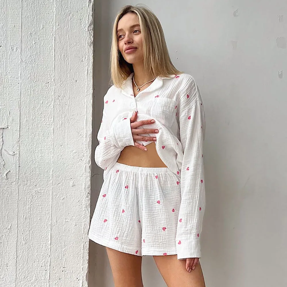 2024 Spring Fashion Love Print Women's Pajamas 2Pcs Set Casual Soft Home Wear Cardigan Long Sleeved Shorts Ladies Loungewear