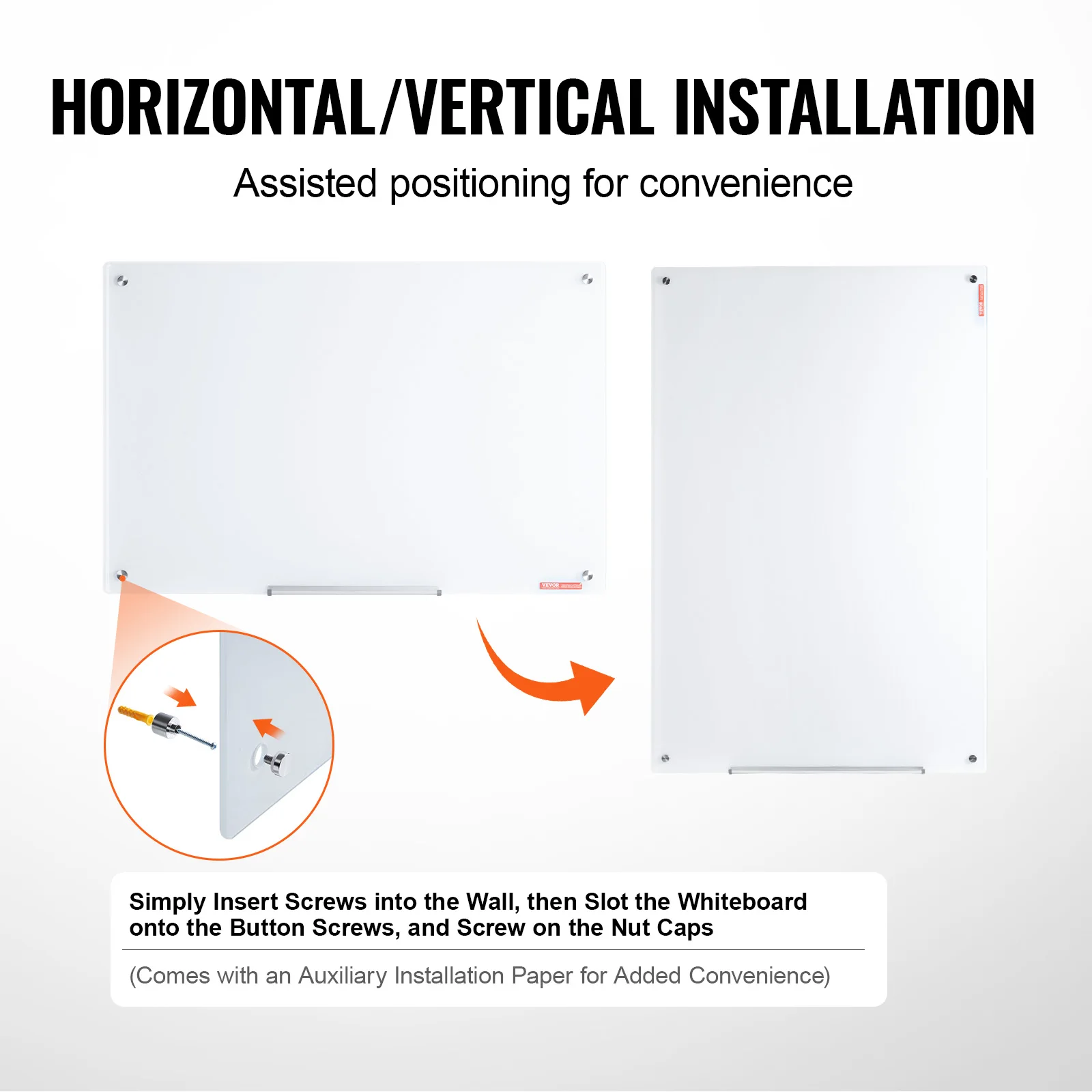 Magnetic Glass Whiteboard Dry Erase Board Wall-Mount Large Frameless Glassboard for School Office VEVOR 36"x24"/48"x32"/72"x36"