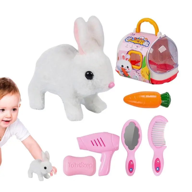 Interactive Bunny Toys For Kids Cute Electric Rabbit Dog Plush Toy Kit With Animal Food Plush Animal Pet Toy For Kids Toddlers winter plush baby bunny hat with rabbit ear kids beanie cap for girls adjustable thick warm kids bonnet cap infant accessories