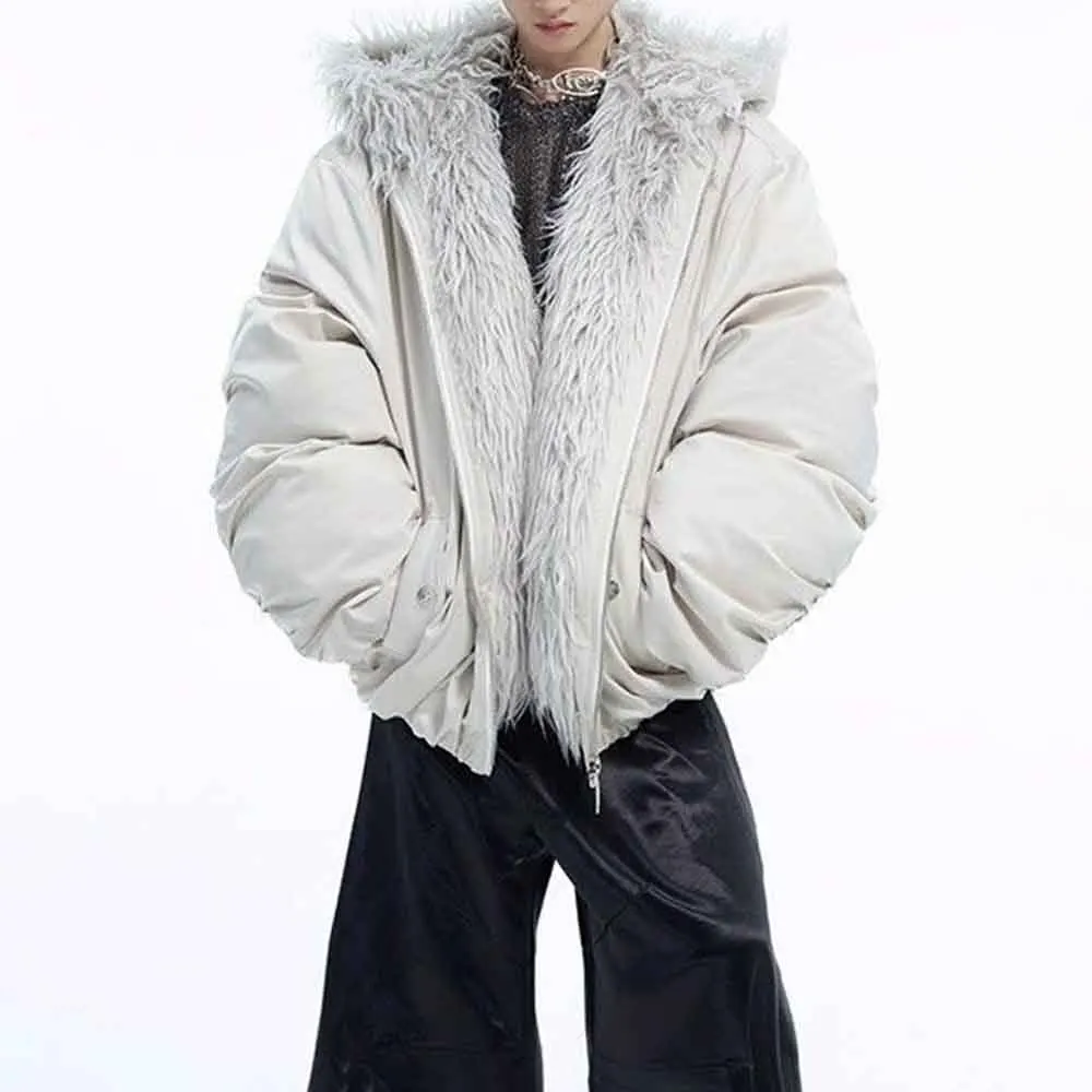 Mens Winter Jacket Furry Patchwork Hooded Cotton Jacket Fashion Casual Outdoor Versatile Comfortable Outerwear Coat 2025 New